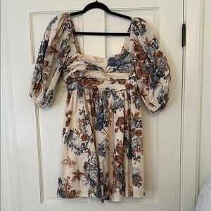 Abercrombie & Fitch Cream and Blue Puff Sleeve Ruched Sundress